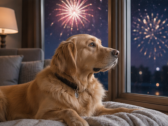 Dog resting indoors while fireworks are visible outside