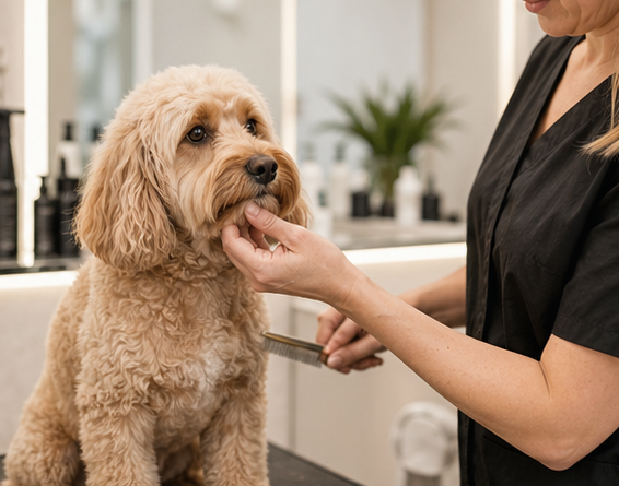 Dog being gently groomed by a pet groomer
