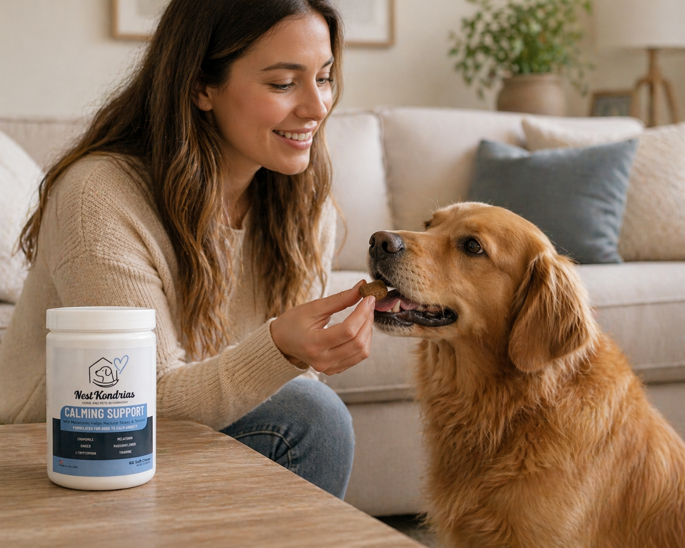 Dog owner giving a soft chew to a golden retriever at home