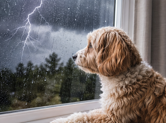 Dog looking out the window during a thunderstorm