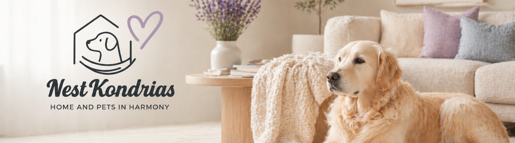 Nest Kondrias brand hero with relaxed dog in a warm home