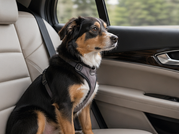 Dog sitting calmly in a car during travel